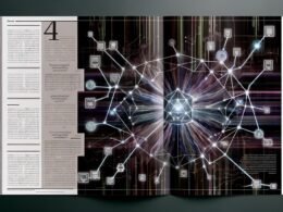 Futuristische Magazin-Doppelseite mit zentralem Datenschema, durchdringenden Content-Strömen in digitale Kanäle und schwebendem Sanity-Logo auf dunkel-technischem Hintergrund