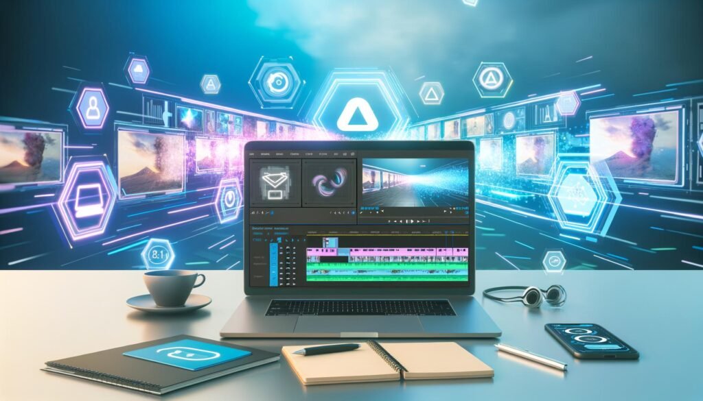 Moderner Arbeitsplatz mit Videoprojekt- und KI-Schnitt-Displays, stylischem Laptop, Notizzetteln, Smartphone und Icons für digitale Tools im Hintergrund.