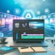 Moderner Arbeitsplatz mit Videoprojekt- und KI-Schnitt-Displays, stylischem Laptop, Notizzetteln, Smartphone und Icons für digitale Tools im Hintergrund.