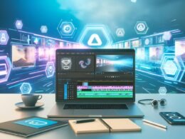 Moderner Arbeitsplatz mit Videoprojekt- und KI-Schnitt-Displays, stylischem Laptop, Notizzetteln, Smartphone und Icons für digitale Tools im Hintergrund.