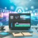 Moderner Arbeitsplatz mit Videoprojekt- und KI-Schnitt-Displays, stylischem Laptop, Notizzetteln, Smartphone und Icons für digitale Tools im Hintergrund.