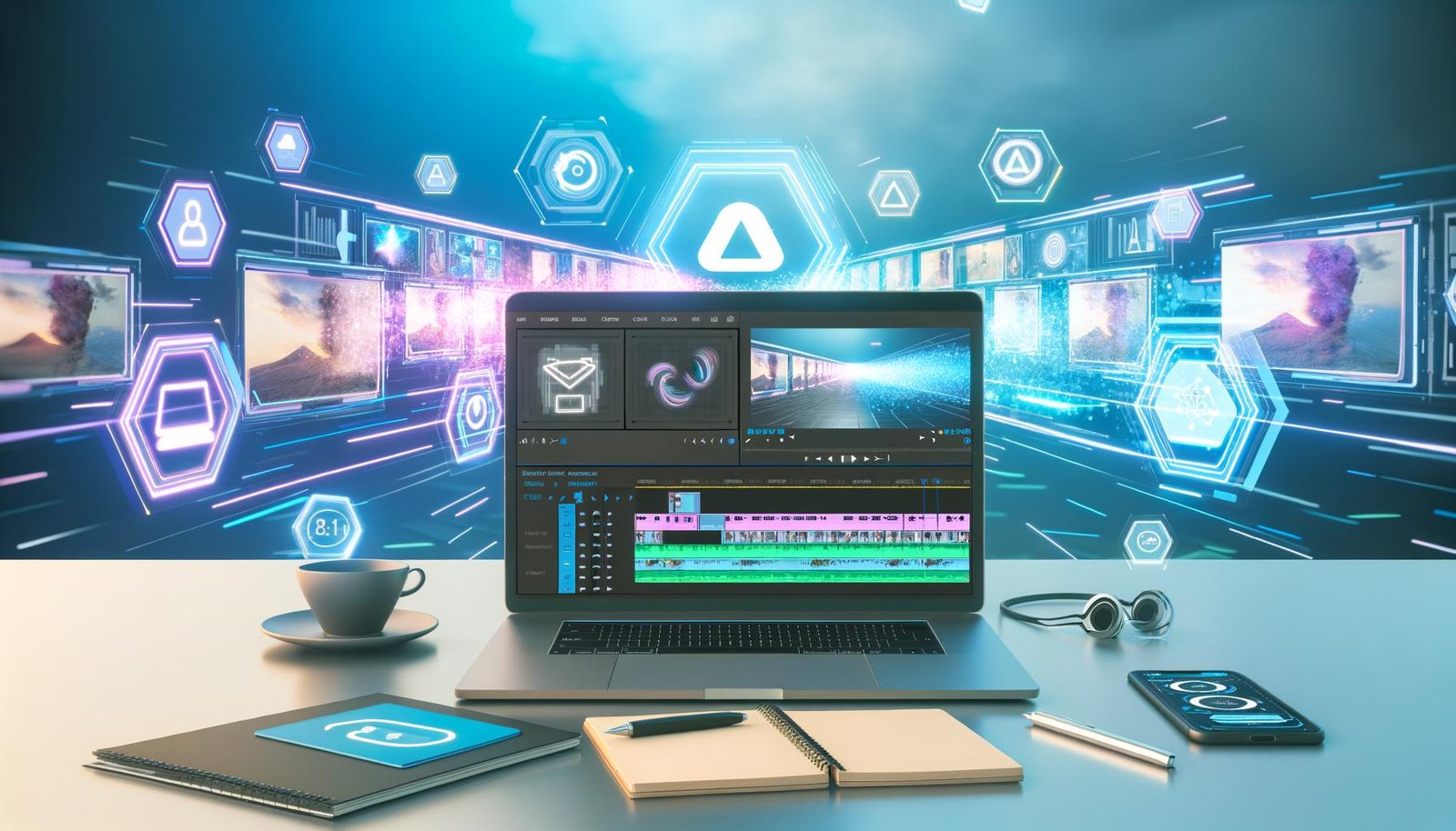 Moderner Arbeitsplatz mit Videoprojekt- und KI-Schnitt-Displays, stylischem Laptop, Notizzetteln, Smartphone und Icons für digitale Tools im Hintergrund.