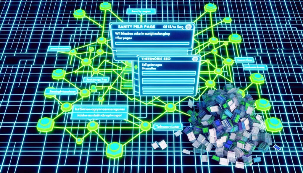 Futuristische Website-Architektur mit klar verbundenen Pillar Pages, Themenclustern und modernen SEO-Elementen im Kontrast zu alten, chaotischen SEO-Methoden.