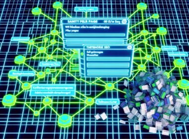 Futuristische Website-Architektur mit klar verbundenen Pillar Pages, Themenclustern und modernen SEO-Elementen im Kontrast zu alten, chaotischen SEO-Methoden.