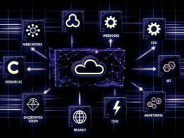 High-End-Tech-Illustration eines modernen Serverless-Netzwerks mit Sanity, Serverless-Icon, Next.js/SvelteKit/Astro-Logo und dynamischen Symbolen für Webhooks, Edge Functions, CI/CD und Monitoring vor animiertem Cloud-Netzwerk.