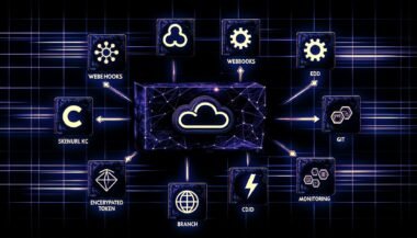 High-End-Tech-Illustration eines modernen Serverless-Netzwerks mit Sanity, Serverless-Icon, Next.js/SvelteKit/Astro-Logo und dynamischen Symbolen für Webhooks, Edge Functions, CI/CD und Monitoring vor animiertem Cloud-Netzwerk.