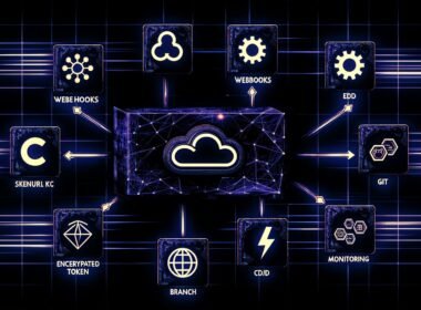 High-End-Tech-Illustration eines modernen Serverless-Netzwerks mit Sanity, Serverless-Icon, Next.js/SvelteKit/Astro-Logo und dynamischen Symbolen für Webhooks, Edge Functions, CI/CD und Monitoring vor animiertem Cloud-Netzwerk.