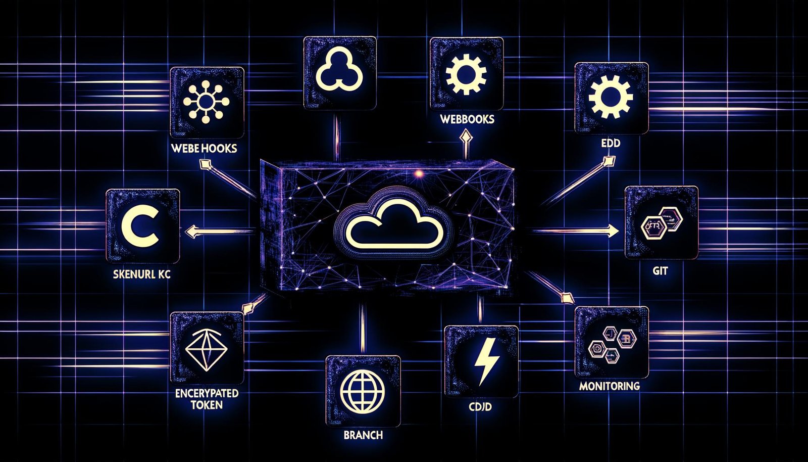 High-End-Tech-Illustration eines modernen Serverless-Netzwerks mit Sanity, Serverless-Icon, Next.js/SvelteKit/Astro-Logo und dynamischen Symbolen für Webhooks, Edge Functions, CI/CD und Monitoring vor animiertem Cloud-Netzwerk.