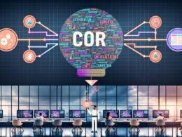 Futuristische Redaktionszentrale mit Bildschirmen, Hologrammen, digitalen Tools und automatisierten Workflows für skalierbare, kreative Content-Produktion.