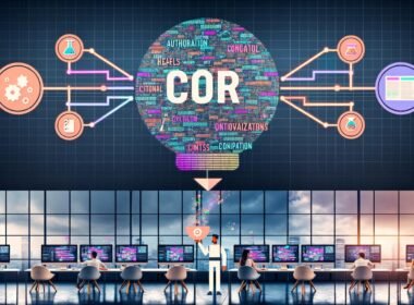 Futuristische Redaktionszentrale mit Bildschirmen, Hologrammen, digitalen Tools und automatisierten Workflows für skalierbare, kreative Content-Produktion.