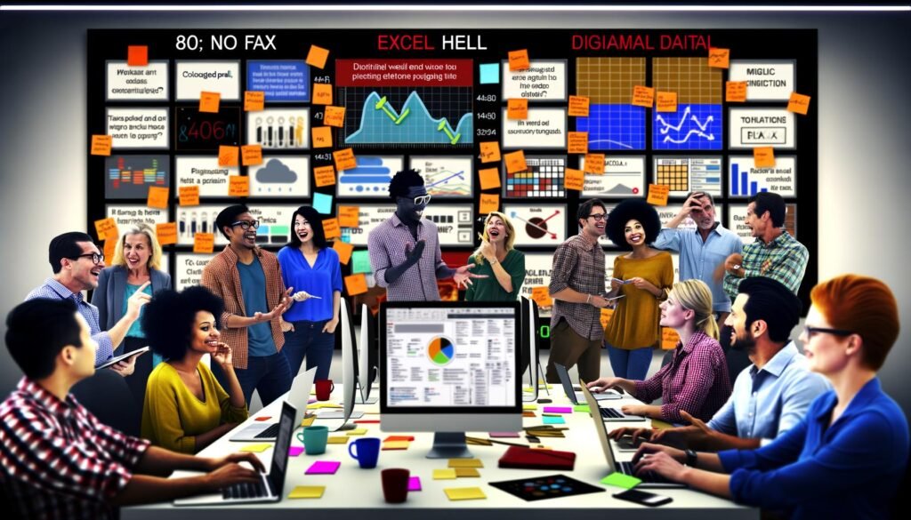 Buntes, modernes Marketingbüro mit diversen Teammitgliedern, großen Bildschirmen mit Kanban-Boards, Analytics, Sticky Notes an Glaswänden und mehreren Logos moderner Kollaborationstools.
