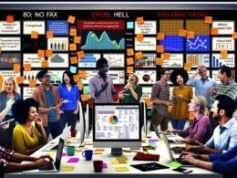 Buntes, modernes Marketingbüro mit diversen Teammitgliedern, großen Bildschirmen mit Kanban-Boards, Analytics, Sticky Notes an Glaswänden und mehreren Logos moderner Kollaborationstools.