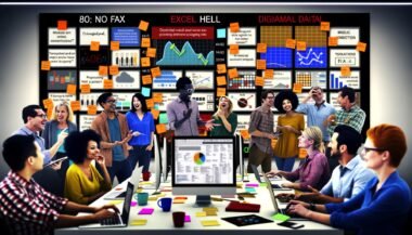 Buntes, modernes Marketingbüro mit diversen Teammitgliedern, großen Bildschirmen mit Kanban-Boards, Analytics, Sticky Notes an Glaswänden und mehreren Logos moderner Kollaborationstools.