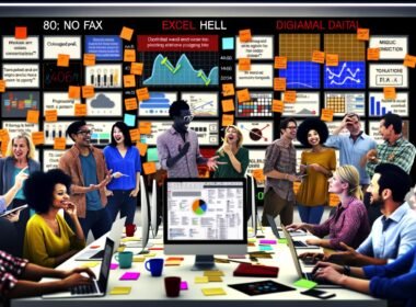 Buntes, modernes Marketingbüro mit diversen Teammitgliedern, großen Bildschirmen mit Kanban-Boards, Analytics, Sticky Notes an Glaswänden und mehreren Logos moderner Kollaborationstools.