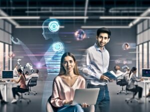 Junge Frau analysiert Daten am Laptop in modernem Büro, während Team KI-gesteuerte Tools wie Roboterarm, Chatbot und Machine Learning auf Tablet verwendet. Zukunftsorientierte, vielfältige Arbeitsumgebung.