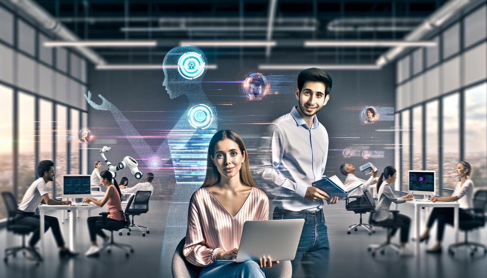 Junge Frau analysiert Daten am Laptop in modernem Büro, während Team KI-gesteuerte Tools wie Roboterarm, Chatbot und Machine Learning auf Tablet verwendet. Zukunftsorientierte, vielfältige Arbeitsumgebung.