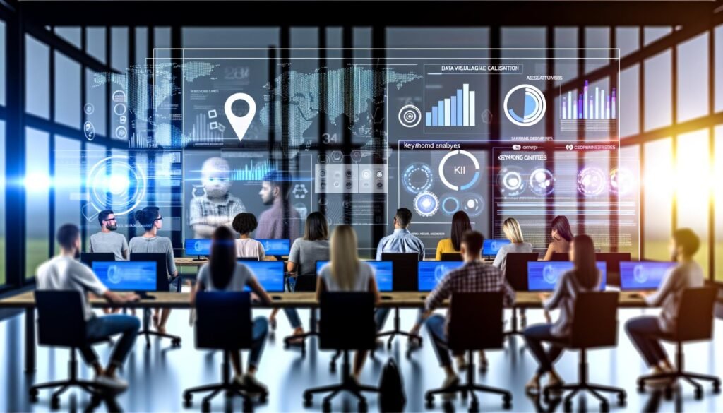 Dynamische Büro-Szene mit diversen Menschen vor großen Monitoren voller Datenvisualisierungen und KPI-Dashboards, im Hintergrund dezente Hologramme und KI-Symbole.