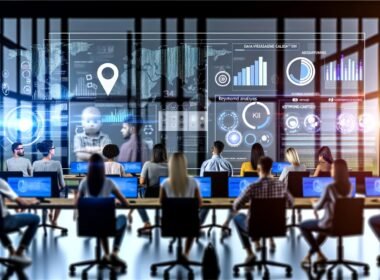 Dynamische Büro-Szene mit diversen Menschen vor großen Monitoren voller Datenvisualisierungen und KPI-Dashboards, im Hintergrund dezente Hologramme und KI-Symbole.