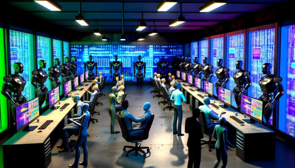 Humanoide Roboter und algorithmische Maschinenarme sitzen in einem futuristischen, blauen Maschinenraum an Schreibtischen, während Menschen die Arbeit mit KI-Technologie beobachten.