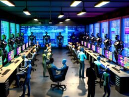 Humanoide Roboter und algorithmische Maschinenarme sitzen in einem futuristischen, blauen Maschinenraum an Schreibtischen, während Menschen die Arbeit mit KI-Technologie beobachten.