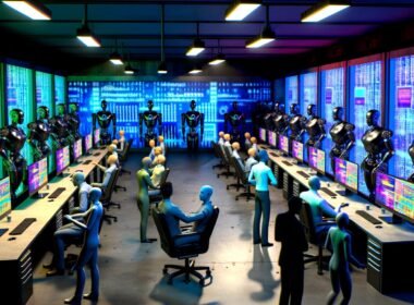 Humanoide Roboter und algorithmische Maschinenarme sitzen in einem futuristischen, blauen Maschinenraum an Schreibtischen, während Menschen die Arbeit mit KI-Technologie beobachten.