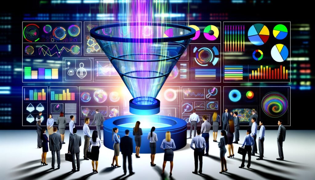Transparenter, leuchtender Daten-Funnel schwebt in einem modernen Rechenzentrum, umgeben von digitalen Dashboards, KPI-Icons, Analytics-Tools und Business-Personen, die sich auf digitale Metriken konzentrieren.
