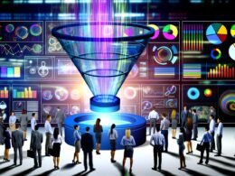 Transparenter, leuchtender Daten-Funnel schwebt in einem modernen Rechenzentrum, umgeben von digitalen Dashboards, KPI-Icons, Analytics-Tools und Business-Personen, die sich auf digitale Metriken konzentrieren.
