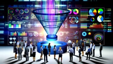 Transparenter, leuchtender Daten-Funnel schwebt in einem modernen Rechenzentrum, umgeben von digitalen Dashboards, KPI-Icons, Analytics-Tools und Business-Personen, die sich auf digitale Metriken konzentrieren.