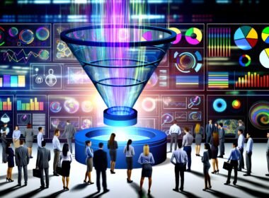Transparenter, leuchtender Daten-Funnel schwebt in einem modernen Rechenzentrum, umgeben von digitalen Dashboards, KPI-Icons, Analytics-Tools und Business-Personen, die sich auf digitale Metriken konzentrieren.