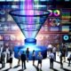 Transparenter, leuchtender Daten-Funnel schwebt in einem modernen Rechenzentrum, umgeben von digitalen Dashboards, KPI-Icons, Analytics-Tools und Business-Personen, die sich auf digitale Metriken konzentrieren.