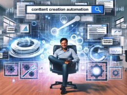 Marketer im modernen Büro mit Tablet, umgeben von KI-generierten Bildschirmen, Content-Workflows, Statistikkurven und digitalen Tools, zentrales Suchfeld für Content Creation Automation.