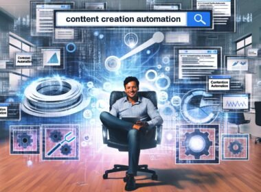 Marketer im modernen Büro mit Tablet, umgeben von KI-generierten Bildschirmen, Content-Workflows, Statistikkurven und digitalen Tools, zentrales Suchfeld für Content Creation Automation.
