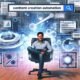 Marketer im modernen Büro mit Tablet, umgeben von KI-generierten Bildschirmen, Content-Workflows, Statistikkurven und digitalen Tools, zentrales Suchfeld für Content Creation Automation.
