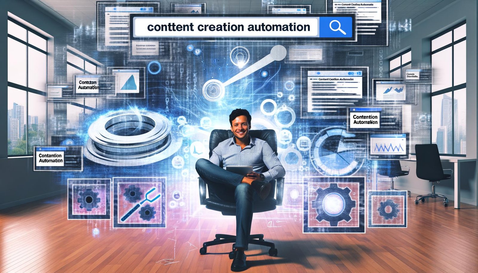 Marketer im modernen Büro mit Tablet, umgeben von KI-generierten Bildschirmen, Content-Workflows, Statistikkurven und digitalen Tools, zentrales Suchfeld für Content Creation Automation.