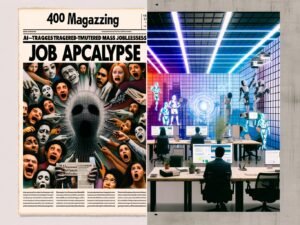 Collage mit links panischer Zeitungsmeldung über KI und Jobverlust, rechts moderne Zusammenarbeit von Menschen und künstlicher Intelligenz in einem innovativen Büro.