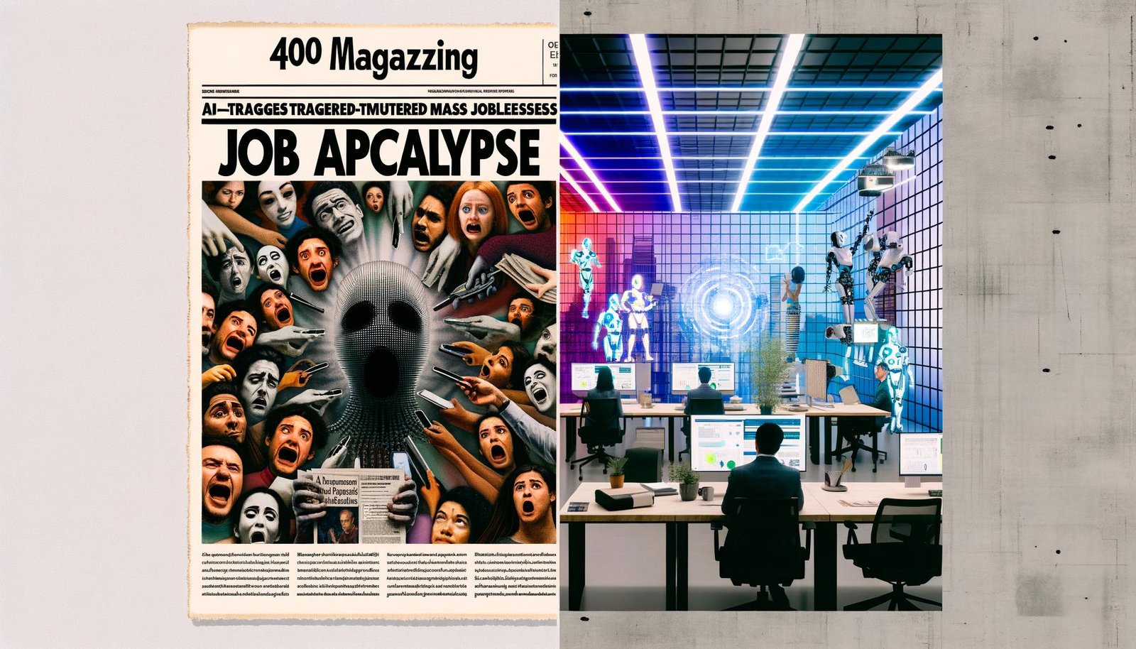 Collage mit links panischer Zeitungsmeldung über KI und Jobverlust, rechts moderne Zusammenarbeit von Menschen und künstlicher Intelligenz in einem innovativen Büro.