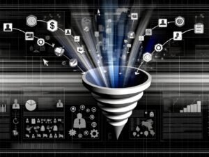 Grafik eines modernen Marketing-Funnels mit Datenströmen, KPI-Segmenten, Icons und Conversions vor technischer Dashboard-Kulisse.