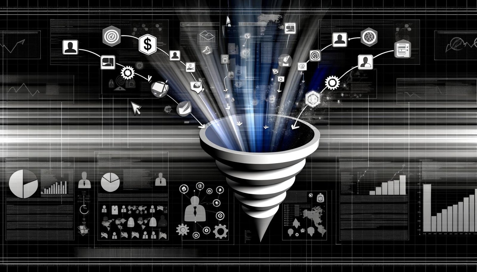 Grafik eines modernen Marketing-Funnels mit Datenströmen, KPI-Segmenten, Icons und Conversions vor technischer Dashboard-Kulisse.
