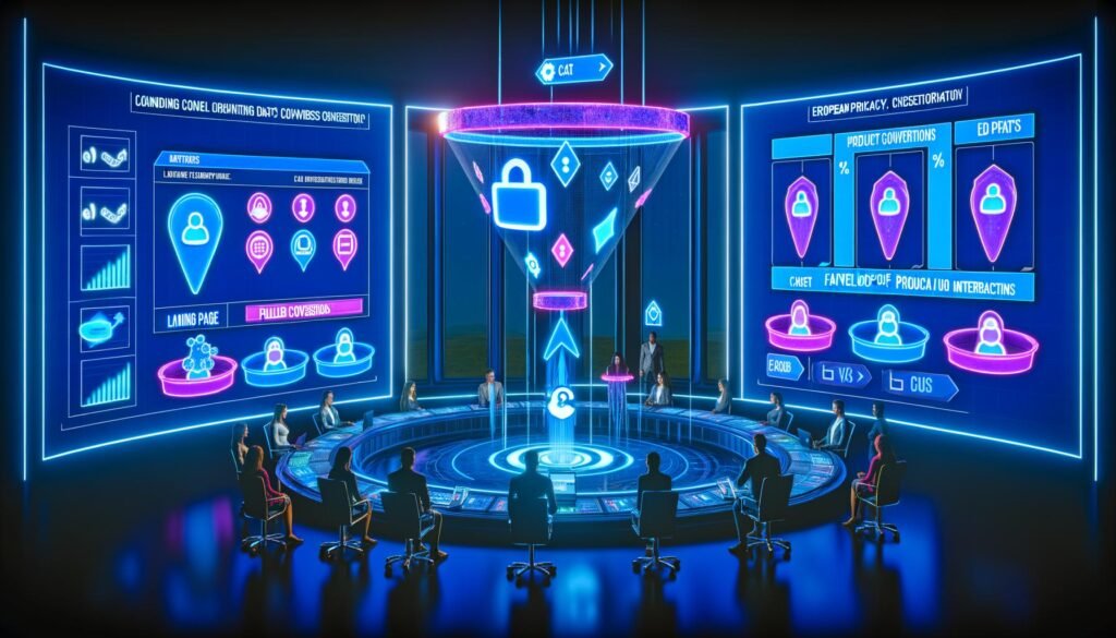 Digitale Illustration eines High-Tech-Kontrollraums mit Marketern vor einem leuchtenden 3D-Conversion-Funnel, umgeben von schwebenden Analytics-Dashboards, Drop-Off-Statistiken und GDPR-Datenschutzsymbolen.