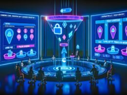 Digitale Illustration eines High-Tech-Kontrollraums mit Marketern vor einem leuchtenden 3D-Conversion-Funnel, umgeben von schwebenden Analytics-Dashboards, Drop-Off-Statistiken und GDPR-Datenschutzsymbolen.
