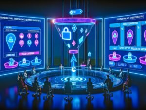 Digitale Illustration eines High-Tech-Kontrollraums mit Marketern vor einem leuchtenden 3D-Conversion-Funnel, umgeben von schwebenden Analytics-Dashboards, Drop-Off-Statistiken und GDPR-Datenschutzsymbolen.