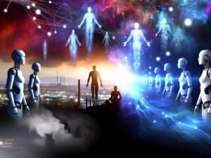 Spannende Szene mit humanoiden Robotern und besorgten Menschen vor modernen Städten, digitale Datenströme schweben darüber