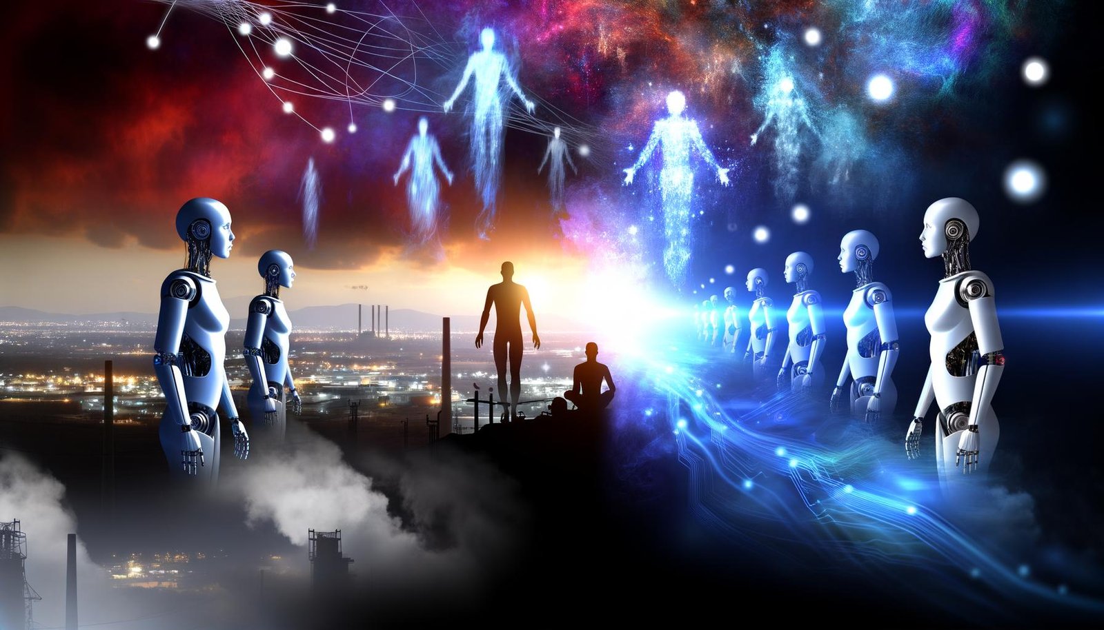 Spannende Szene mit humanoiden Robotern und besorgten Menschen vor modernen Städten, digitale Datenströme schweben darüber