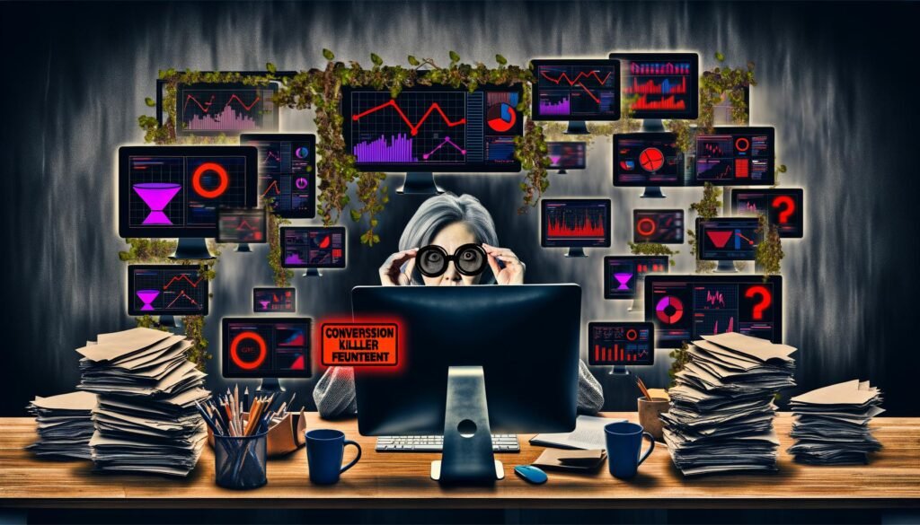 Marketer entfernt rosarote Brille vor mehreren Monitoren mit Warnmeldung ‚Conversion-Killer gefunden‘, umgeben von Berichten, Kaffeebechern und digitalem Dschungel.
