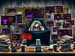 Marketer entfernt rosarote Brille vor mehreren Monitoren mit Warnmeldung ‚Conversion-Killer gefunden‘, umgeben von Berichten, Kaffeebechern und digitalem Dschungel.