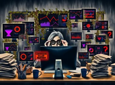 Marketer entfernt rosarote Brille vor mehreren Monitoren mit Warnmeldung ‚Conversion-Killer gefunden‘, umgeben von Berichten, Kaffeebechern und digitalem Dschungel.