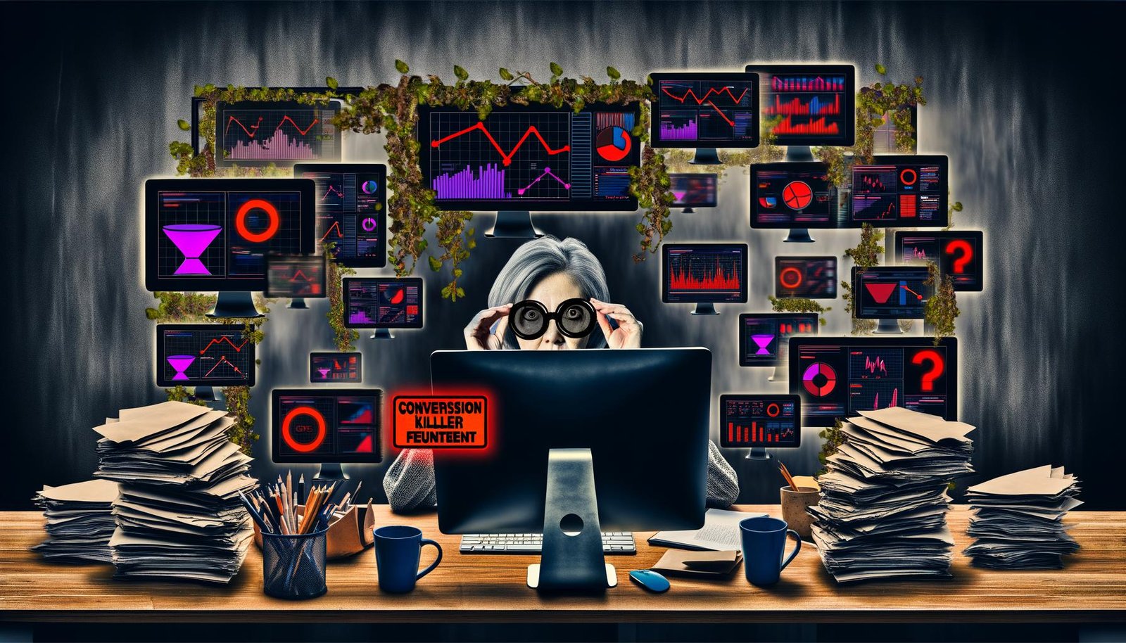 Marketer entfernt rosarote Brille vor mehreren Monitoren mit Warnmeldung ‚Conversion-Killer gefunden‘, umgeben von Berichten, Kaffeebechern und digitalem Dschungel.