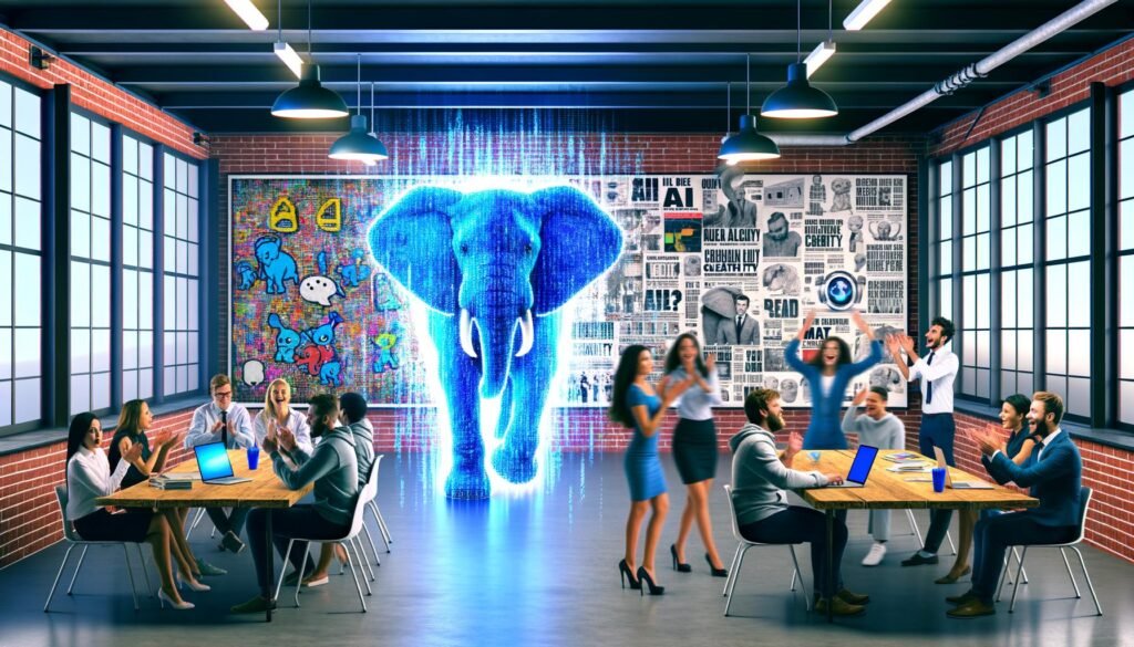 Szene in einem modernen Großraumbüro mit diskutierenden Werbetextern, entspannten Tech-Nerds und einem großen, blauen Daten-Elefanten als Symbol für KI, im Hintergrund traditionelle Werbeplakate mit digitalen Überlagerungen