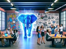 Szene in einem modernen Großraumbüro mit diskutierenden Werbetextern, entspannten Tech-Nerds und einem großen, blauen Daten-Elefanten als Symbol für KI, im Hintergrund traditionelle Werbeplakate mit digitalen Überlagerungen