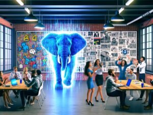 Szene in einem modernen Großraumbüro mit diskutierenden Werbetextern, entspannten Tech-Nerds und einem großen, blauen Daten-Elefanten als Symbol für KI, im Hintergrund traditionelle Werbeplakate mit digitalen Überlagerungen